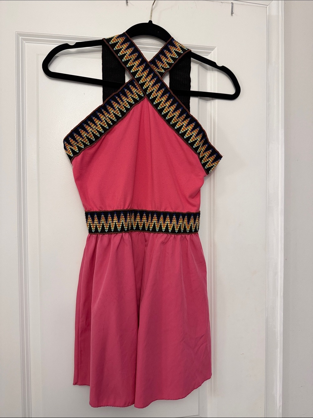 Pink Halter Dress with Embroidered Black Trim